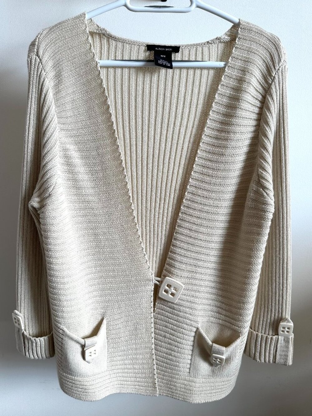 Alison Sheri Cotton Ribbed Knit Cardigan Cream Ivory Button Pocket M NWOT
